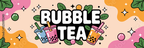Bubble tea text with boba pearls, straws, and sparkling droplets – Great for bubble tea shops, trendy food ads, or youthful lifestyle content.