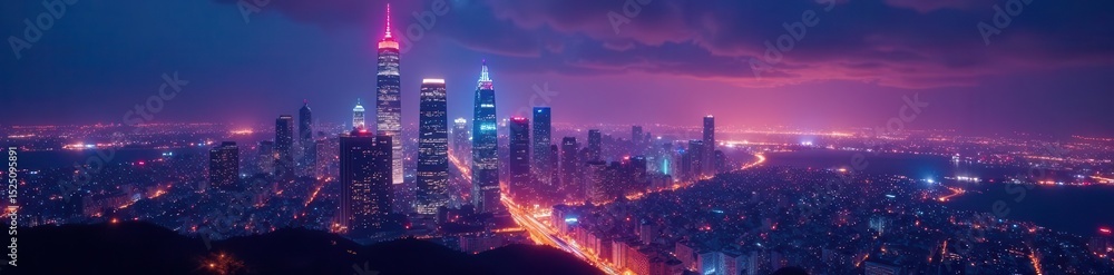 Fototapeta premium Gleaming skyscrapers pierce a vibrant night sky, city lights ablaze , structure, urban landscape