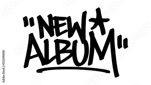 Graffiti tag “New Album” in bold black letters on transparent background. Urban street art style with vibrant vibe, perfect for music release and promotional graphic projects.
