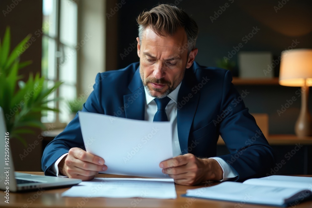 Obraz premium Serious businessman intensely reviewing legal contract, analysis, risk