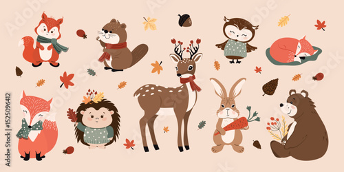 A collection of hand-drawn forest animals and autumn leaves. Modern, flat, vector design .