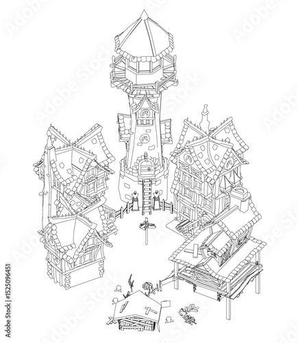 A drawing of a village with a castle in the background. The castle is surrounded by several buildings, and there is a person in the foreground. Scene is peaceful and serene, with the castle