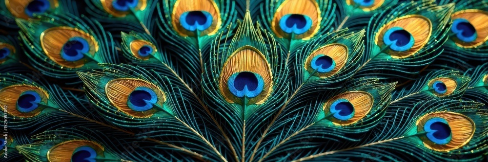 Fototapeta premium Elegant peacock feather motif; ornate gold leaf detail, bird, earrings, stylish