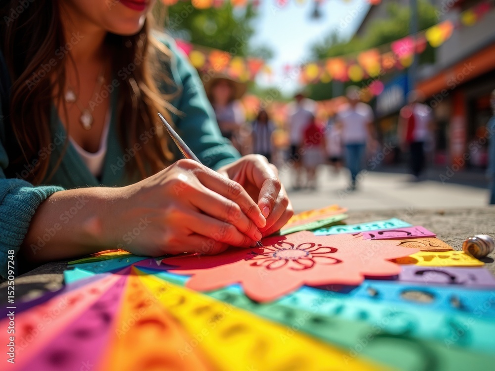 Fototapeta premium A woman hands focus on creating intricate papel picado while surrounded by bustling market life. Bright colors reflect the festive spirit of the moment.