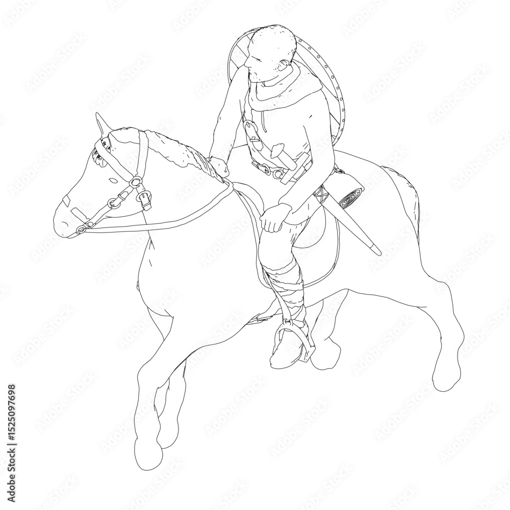 A man is riding a horse with a sword on his back. The man is dressed in a uniform and he is a soldier. The horse is galloping and the man is holding onto the reins tightly. The scene is action-packed A man is riding a horse with a sword on his back. The man is dressed in a uniform and he is a soldier. The horse is galloping and the man is holding onto the reins tightly. The scene is action-packed