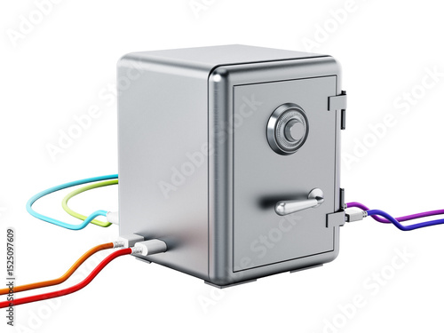 USB cables connected to steel safe on transparent background. 3D illustration