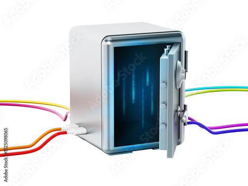 USB cables connected to steel safe on transparent background