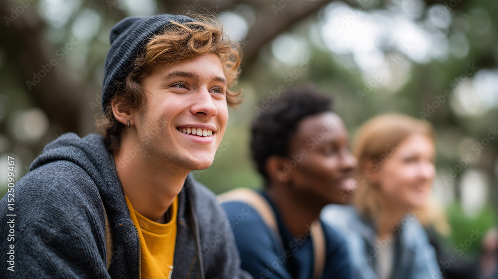 Joyful Multiracial Students Bonding on University Campus Under Trees Joyful Multiracial Students Bonding on University Campus Under Trees