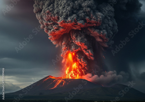 A powerful volcanic eruption with flowing lava and a vast ash cloud looms over an ancient ruined city.