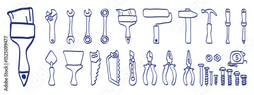 Construction tools vector set. Color brush, marker or pen sketch. Adjustable wrench, brush, roller, hammer and nails. Screw, nut and bolt. Tape measure, screwdriver, putty knife, saw