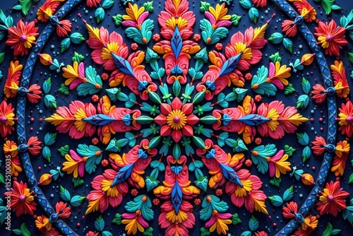 Intricate circular pattern, vibrant colors, floral motifs, background, print