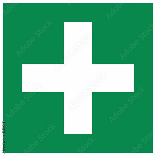 Green first aid cross symbol indicating location of medical assistance and emergency treatment
