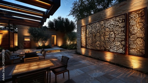 90. Ambient lighting spotlighting wall art on outdoor patio
