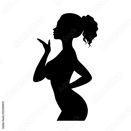 Minimalist black icon of a woman in profile with curly ponytail, touching her belly in an elegant pose, clean vector silhouette on white background