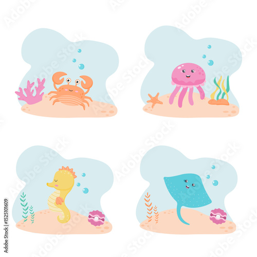 Set of sea animals  swimming in the sea underwater. Poster with animals on white background. Flat Vector illustration. 