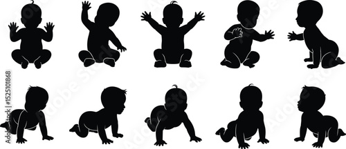 Vector illustration of baby silhouette in crawling and sitting positions, toddler movement poses, black infant figures collection for child development design