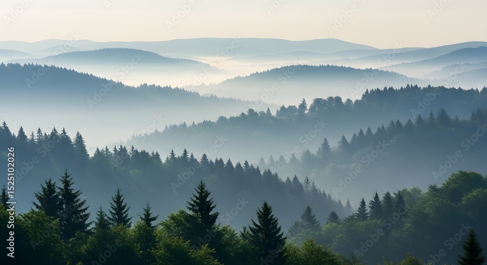 Obraz premium Misty forested hills during early morning