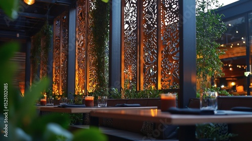 119. Ambient lit patio with artistic metal screens and greenery