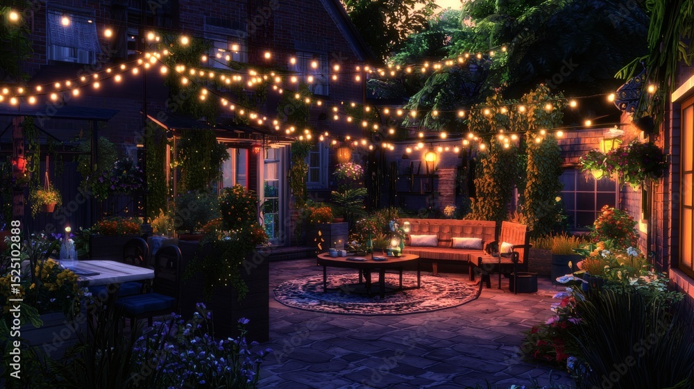 137. Comfortable evening patio chat under warm lights 137. Comfortable evening patio chat under warm lights