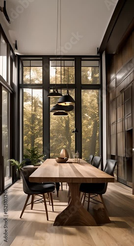 A wide shot of a dining room with hardwood floors and large windows featuring a long wooden table with black chairs 4K vertical