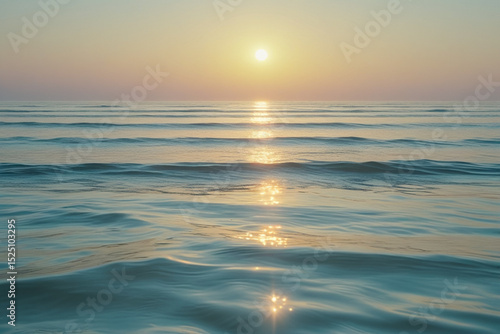 A vast and tranquil ocean at sunrise, gentle waves glistening under soft golden light, endless horizon blending with the sky, no boats or people, peaceful solitude, a deep sense of calm