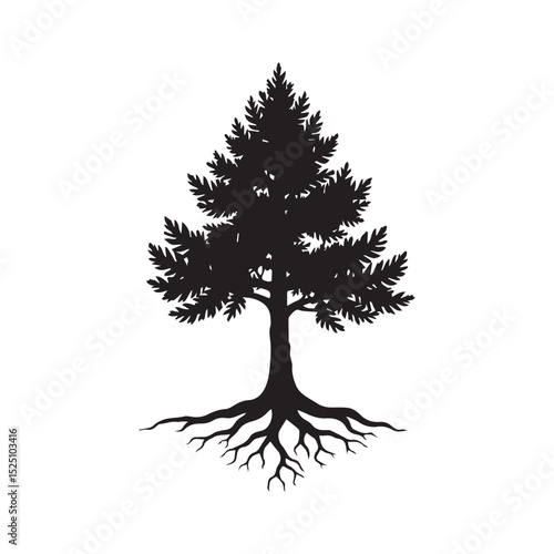 Evergreen Tree Silhouette: A majestic evergreen tree silhouette stands tall, showcasing its intricate root system and dense foliage, a symbol of enduring strength and natural beauty.