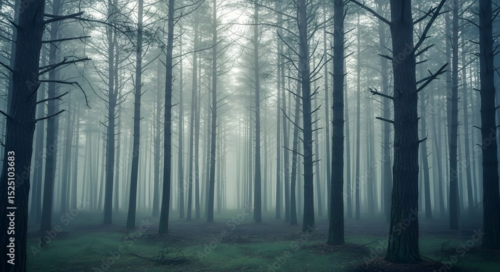 Fototapeta premium Foggy pine forest with vertical trees