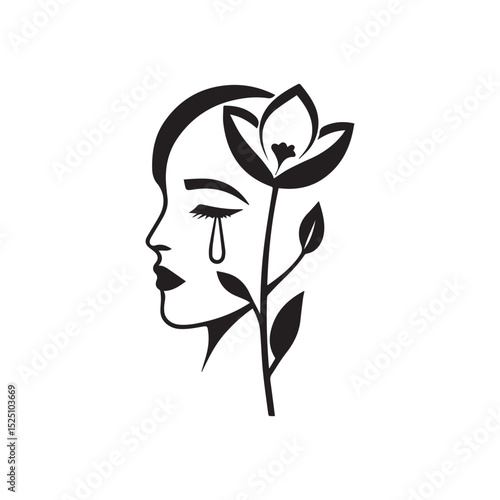Elegiac Bloom: A poignant illustration of a woman with a teardrop, harmonizing with a blossoming flower. Reflecting themes of sorrow, growth, and the beauty found within emotional complexity.
