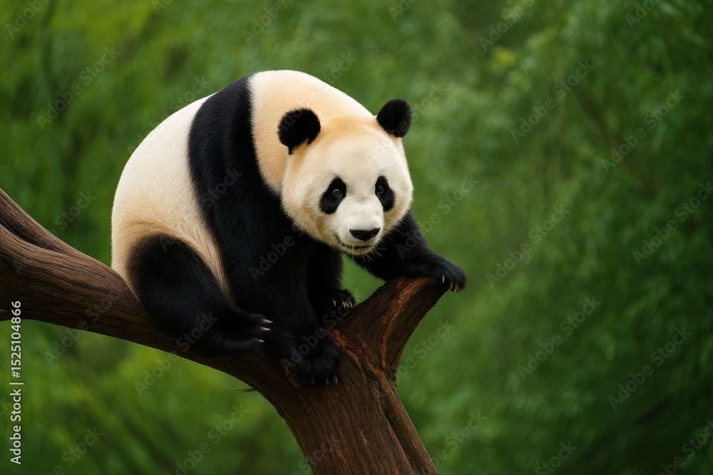 Obraz premium black and white pandbear sitting on tree branch.