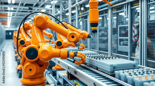 Orange robotic arms operate on assembly line. Handle components on conveyor. Modern manufacturing process at giga factory. Automated system for electric vehicle battery production. High tech