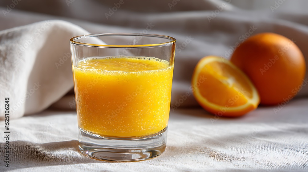 Fototapeta premium Fresh Orange Juice in a Glass with Whole and Sliced Oranges