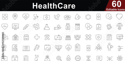 Healthcare and Medical Line Icons Set - Hospital, Doctor, Clinic and Health Symbols. Editable vector