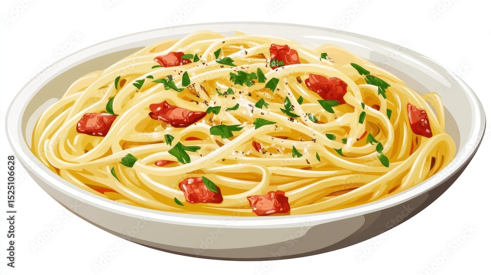 Pasta dish with bacon bits and parsley served in a white bowl Pasta dish with bacon bits and parsley served in a white bowl