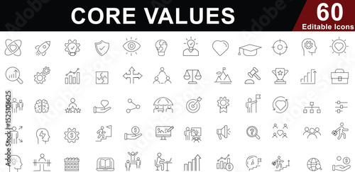  Core Values Line Icons Set. Ethics, Principles, Integrity and Business Culture Symbols. Editable vector