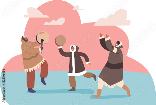 Eskimo family dance with tambourine