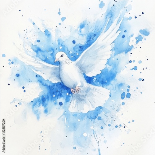 White dove in flight over vibrant blue splashes