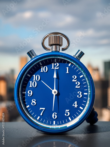 Vibrant blue stopwatch with gleaming silver hands and bold white numbers resting on a blurred cityscape background, conveying the urgency to take immediate action.
