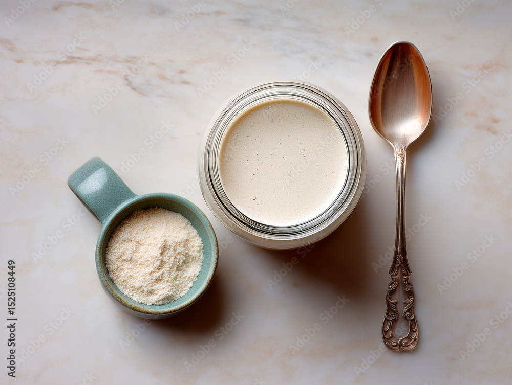 Sourdough starter in glass jar beside a small bowl of flour and a vintage spoon, showcasing the essential ingredients for homemade bread baking and fermentation process Sourdough starter in glass jar beside a small bowl of flour and a vintage spoon, showcasing the essential ingredients for homemade bread baking and fermentation process