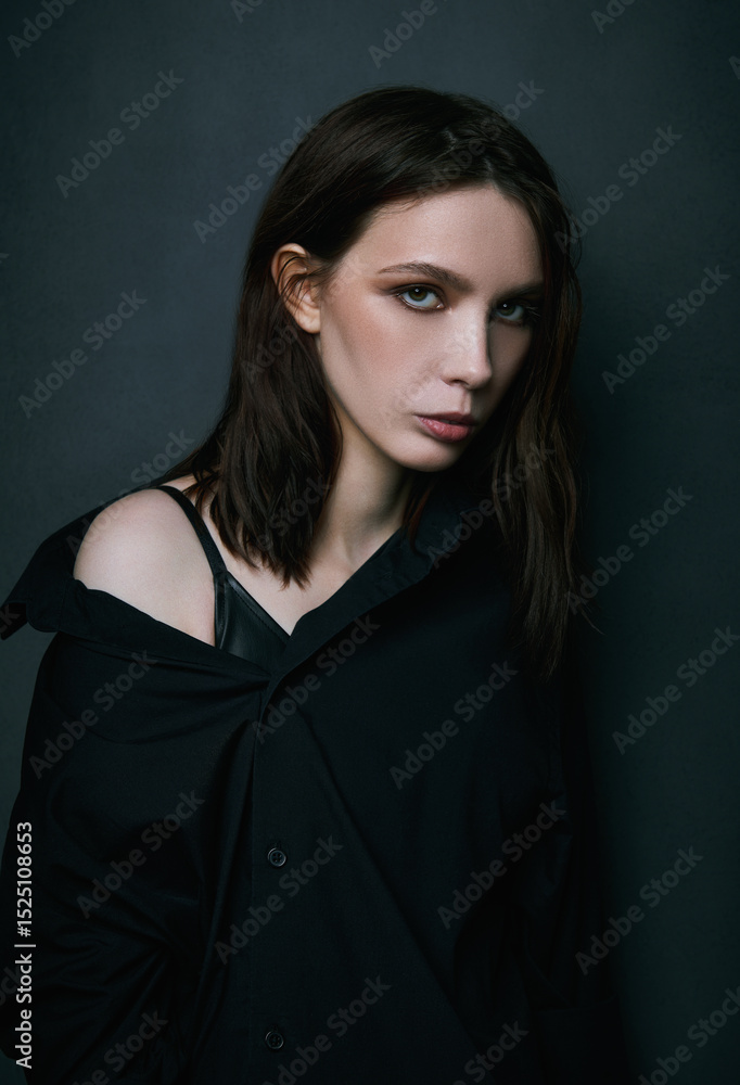 Portrait of informal (rock) girl. Sad young woman standing at wall Portrait of informal (rock) girl. Sad young woman standing at wall
