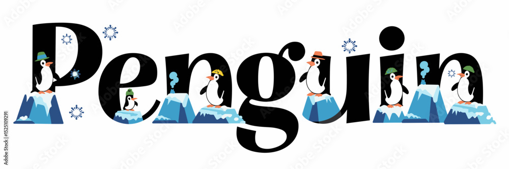 Obraz premium Playful penguins in hats with icebergs and snowflakes around text – Great for festive designs, kids' merchandise, or arctic winter themes
