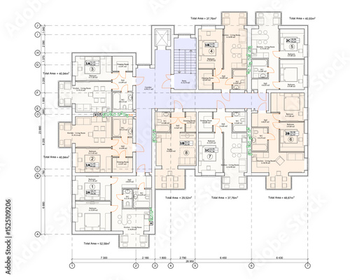 Vector architectural project of a multistory building floor plan	
