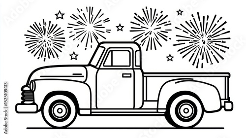 Patriotic Vintage Pickup Truck Outlined with American Flags and Fireworks, Coloring Book Style