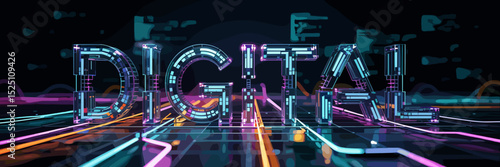 digital word formed from interconnected glowing vector screens – great for digital innovation, technology themes, and data flow visuals