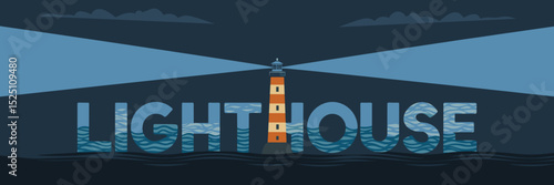 Night scene with lighthouse and text formed by light beams and towers – Perfect for nighttime travel promotions, maritime navigation, or dreamy ocean-themed content.