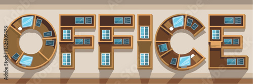 Typography of “Office” with desks and computers behind the text – Perfect for productivity visuals, workplace articles, or tech workspace ads