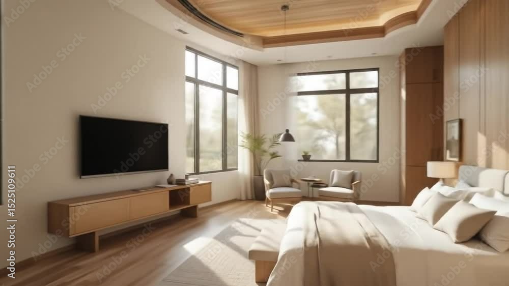 Minimalist bedroom with wooden ceiling and modern furniture in warm neutral colors, connected to a cozy living room with natural light and wooden textures. 4k video Minimalist bedroom with wooden ceiling and modern furniture in warm neutral colors, connected to a cozy living room with natural light and wooden textures. 4k video