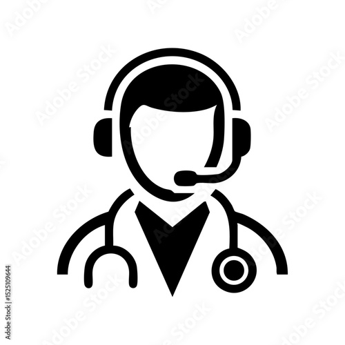Vector logo of a doctor wearing a headset and stethoscope, ideal for telemedicine services.

