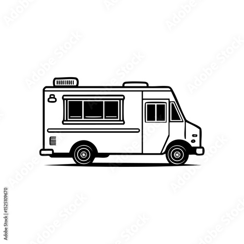Minimalist food truck vector icon with a side hatch window, ideal for street food and mobile catering themes.


