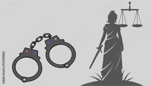 Legal law concept. Silhouette of handcuffs with The Statue of Justice on backside with the flashing red and blue police lights at foggy background.