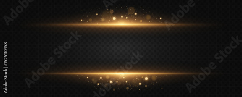 Elegant golden light frame with glowing bokeh particles on a dark transparent background. Shiny, festive, and luxurious abstract design for glamorous event decoration. Vector illustration.